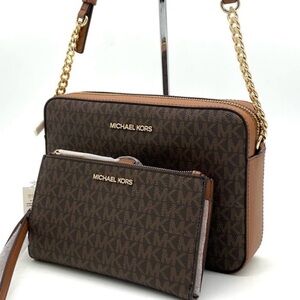 Michael Kors Large EW Crossbody Bag & Large Double Zip Wallet Brown Signature